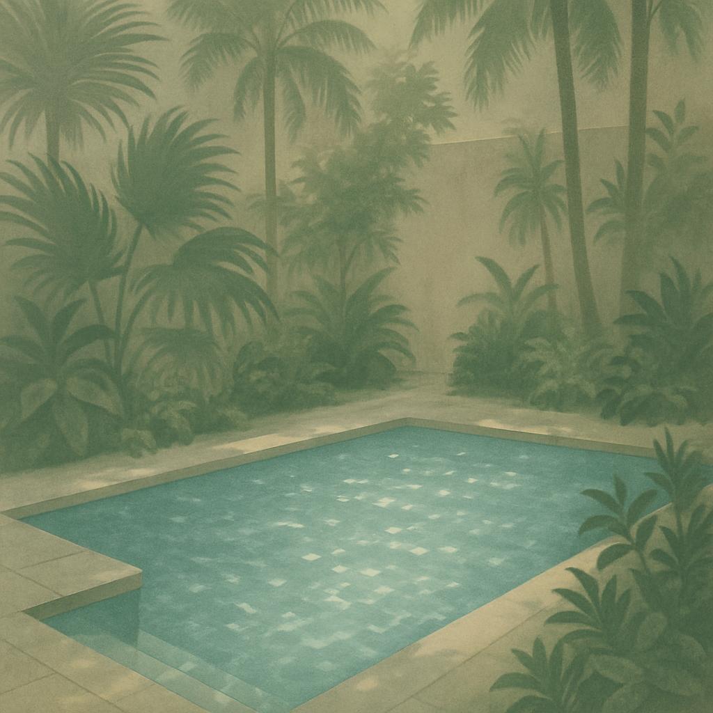 Un piscina pequeña con palmeras y plantas en un patio lejano.